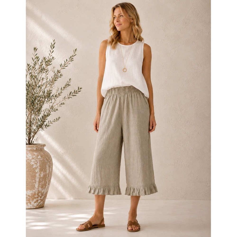 NWOT FLAX 100% Linen Capri Pants Women Sz S Beige Ruffle Hem Coastal Lagenlook